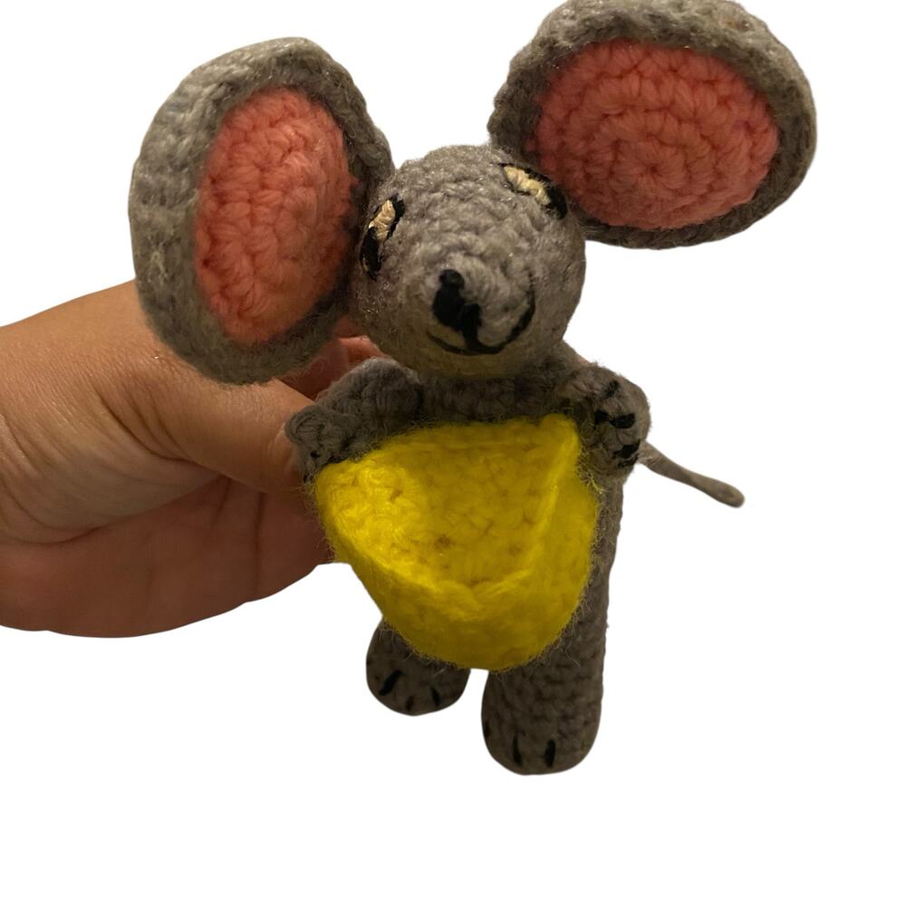 Vintage Knit Crochet Handmade Mouse with Cheese Toy